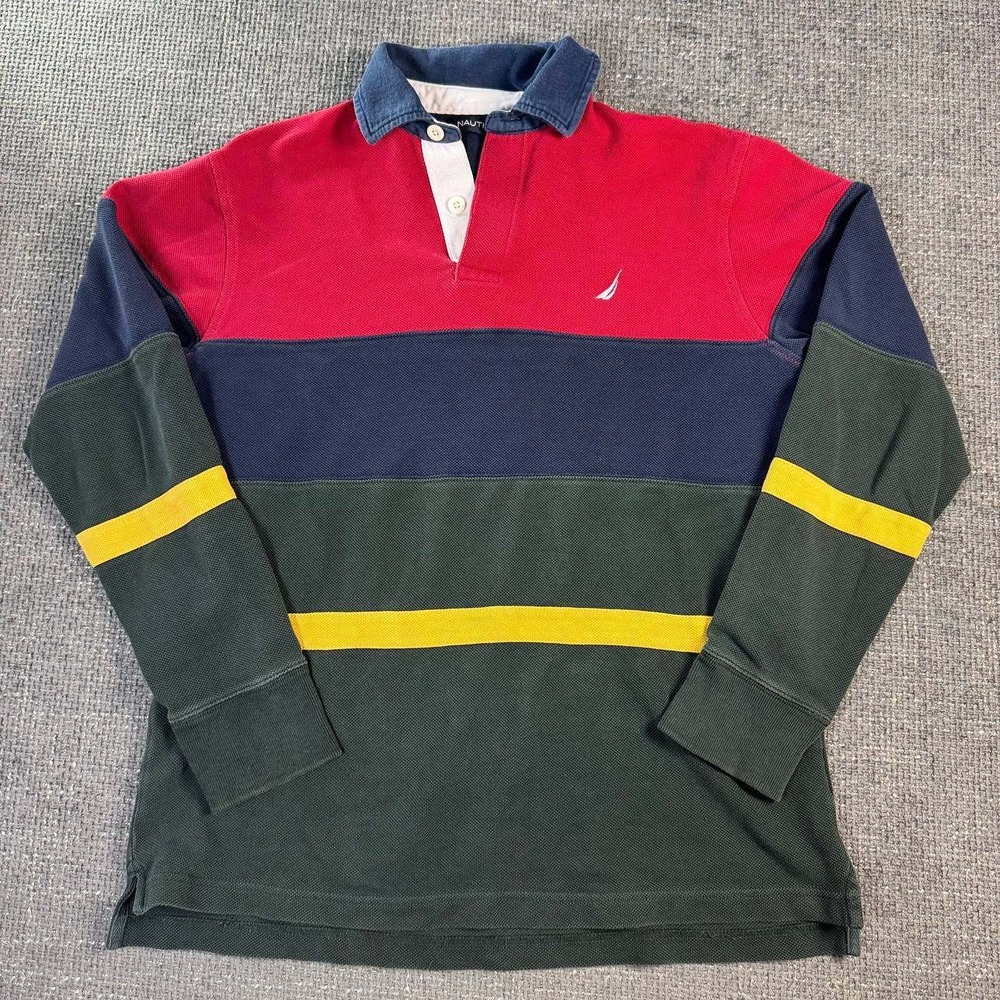 Nautica Rugby Shirt Mens Medium Multi Colorblock Long Sleeve Vintage Y2K Polo